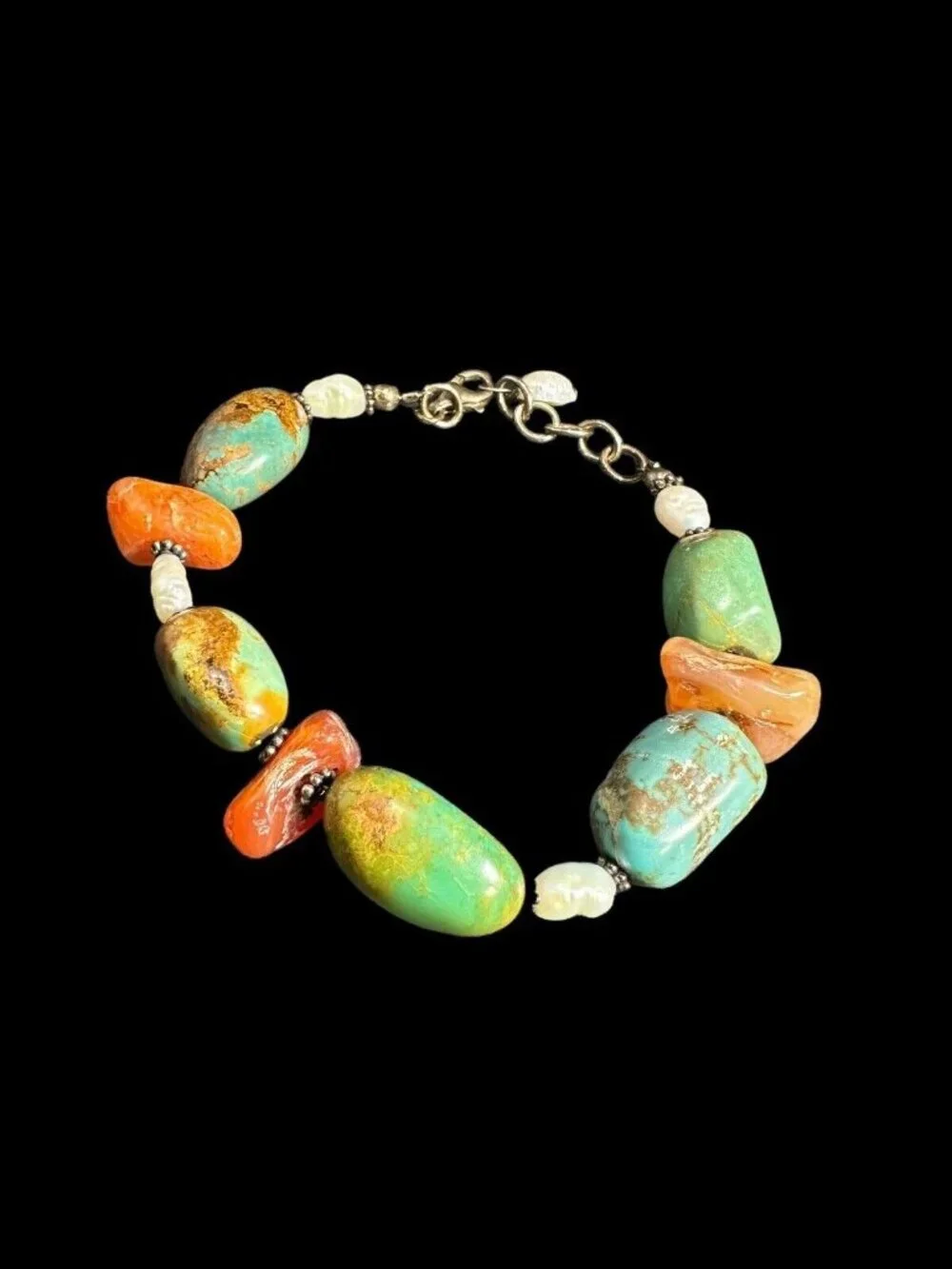 Bracelet 925 Turquoise Carnelian And Pearl Beads Adjustable Long Vintage